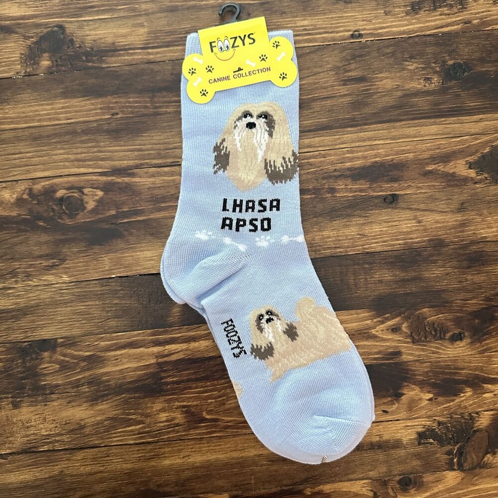 NWT Foozy's Light Blue Lhasa Apso Dog Print Novelty Socks Women One Size